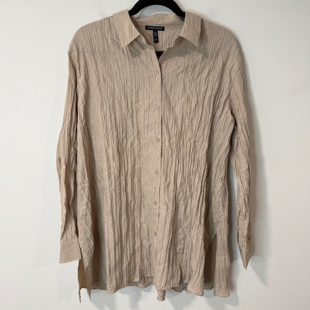 Eileen Fisher Womens Silk Crinkle Shirt Tunic Large Wheat Button Up Long Sleeve